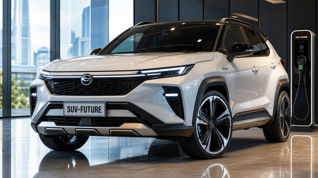 Carro SUV branco modelo SUV-Future elétrico estacionado em showroom moderno próximo a estação de recarga.