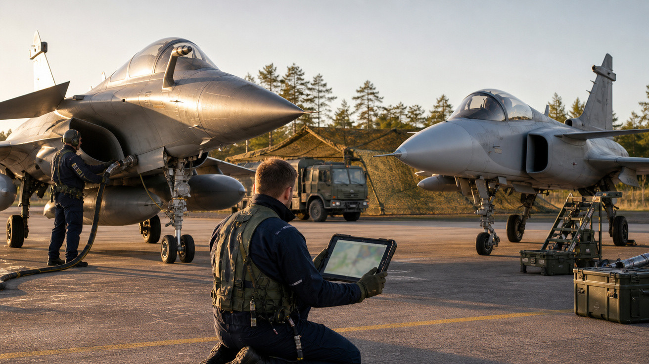 Dois caças militares estacionados em pista enquanto militares operam equipamentos e monitoram a aeronave.