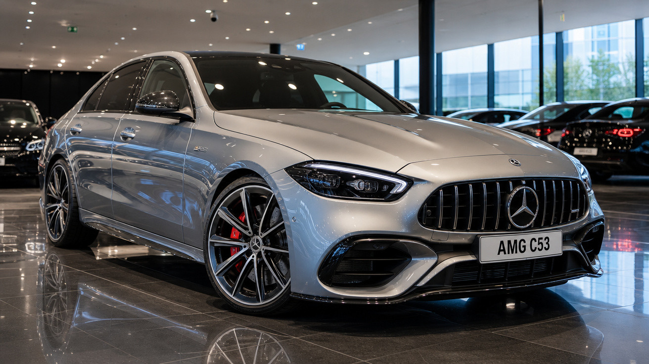 Carro prata Mercedes-Benz AMG C53 estacionado em showroom com teto de luzes e piso refletivo.