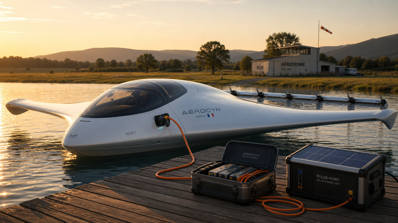 Veículo aéreo elétrico futurista sendo carregado em um píer próximo a um aeródromo ao pôr do sol.
