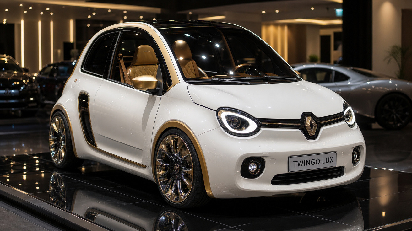 Carro compacto branco Renault Twingo Lux exposto em salão com detalhes dourados e acabamento interno marrom.