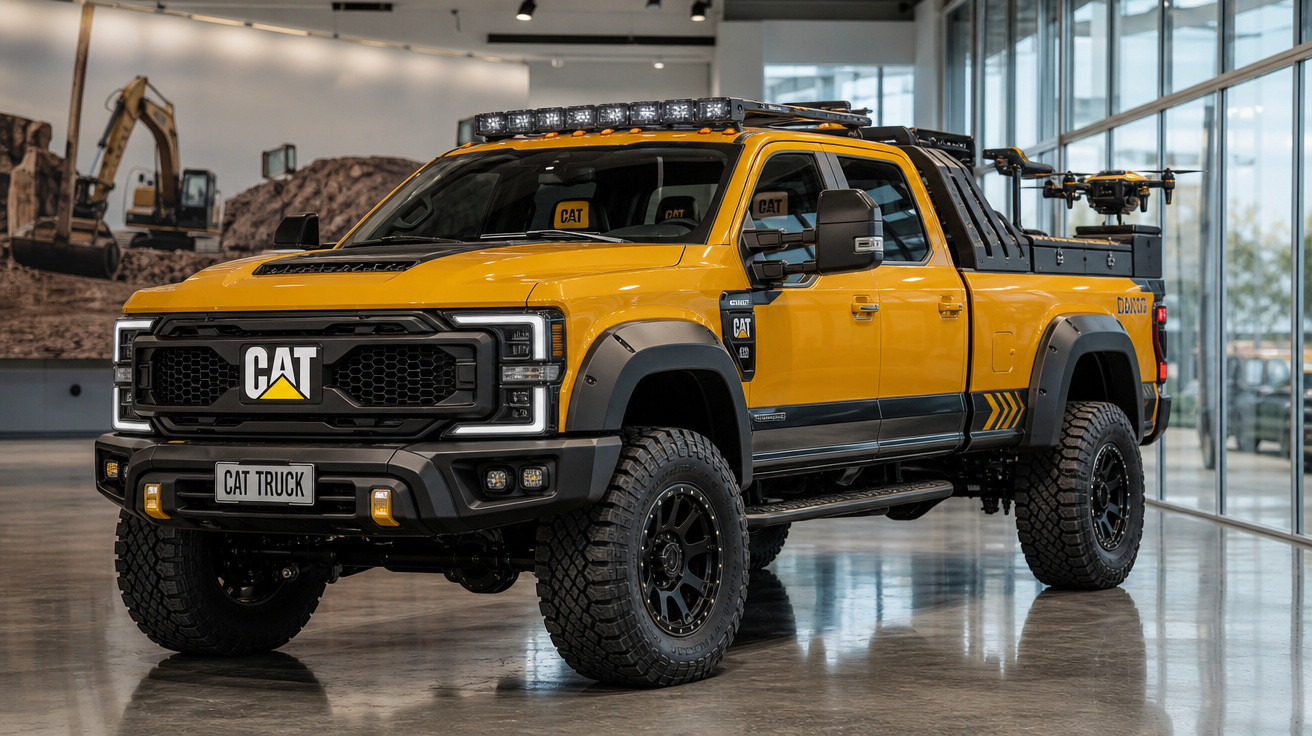 Picape amarela robusta CAT Truck em showroom com vidros grandes e piso refletivo.