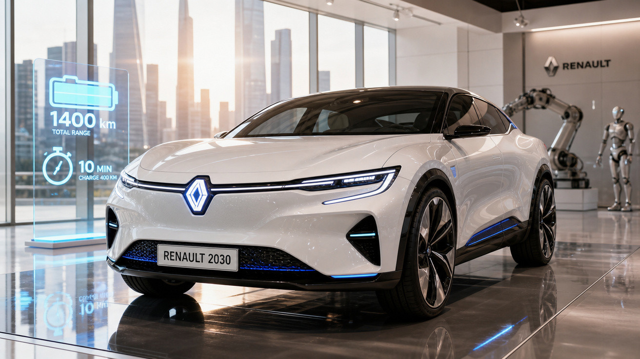 Carro elétrico conceito Renault 2030 branco em exposição com painel digital mostrando autonomia e carregamento rápido.