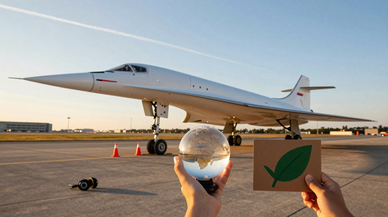 Avião futurista estacionado em pista, com mãos segurando globo de vidro e cartão com folha verde.