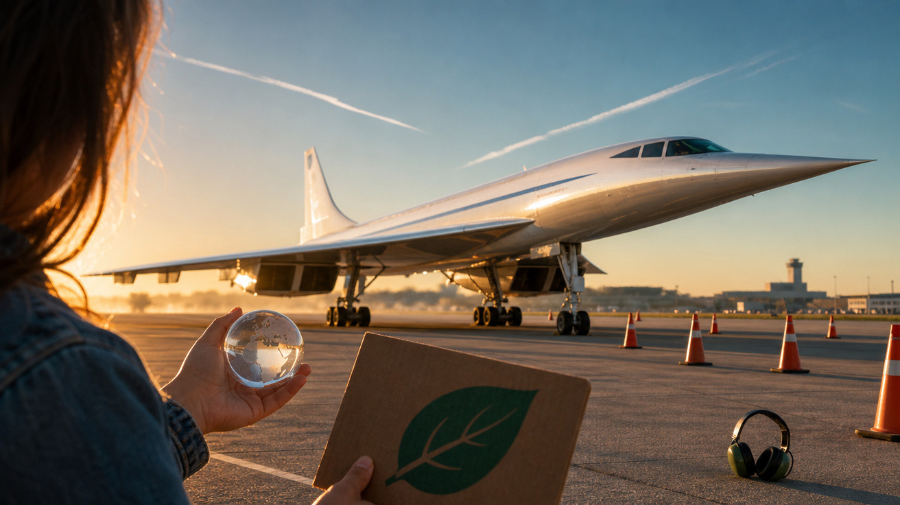 Pessoa segurando globo de cristal e pasta com símbolo de folha perto de avião supersonico no aeroporto ao pôr do sol.