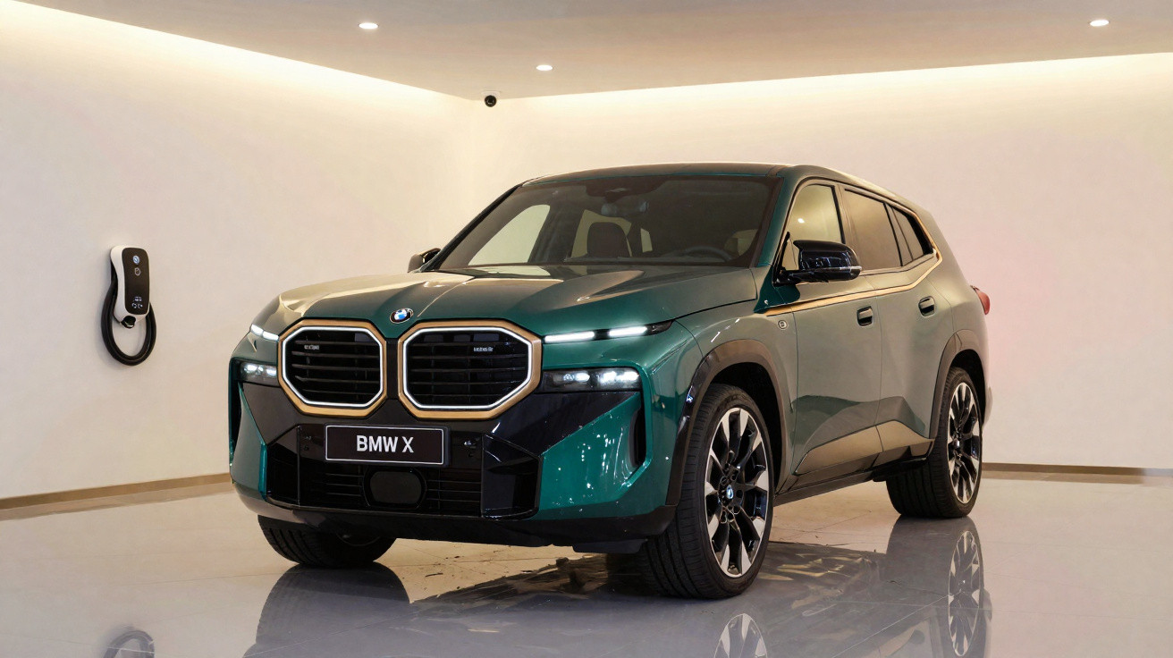 SUV BMW X verde escuro estacionado em garagem branca com carregador de carro elétrico na parede.