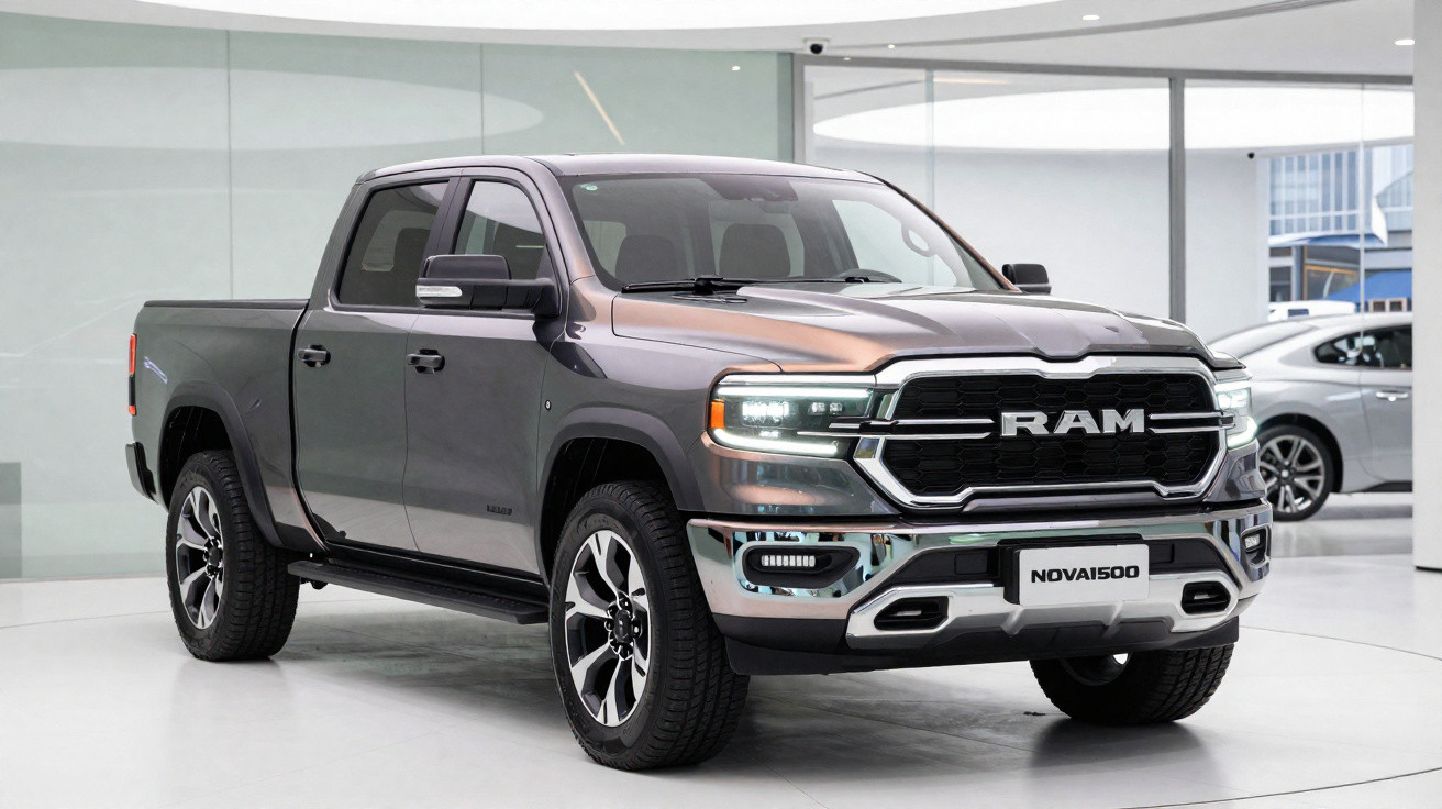 Picape RAM Nova 1500 cinza estacionada em ambiente interno de showroom moderno.