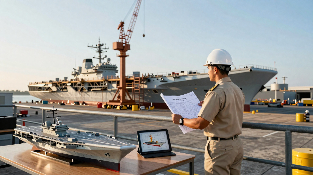 Homem de capacete branco analisando planta de navio ao ar livre com modelo e navio real ao fundo.