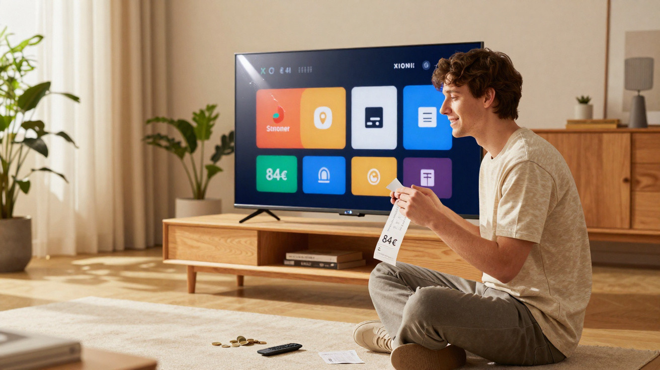 Jovem sentado no chão da sala segurando conta, com TV e móveis ao fundo.