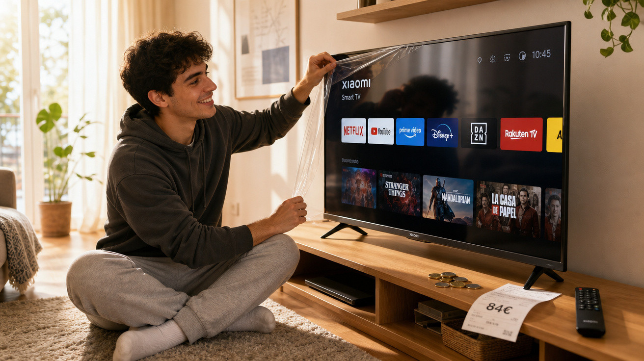 Jovem sentado no chão removendo a proteção de plástico de uma smart TV nova com aplicativos na tela.