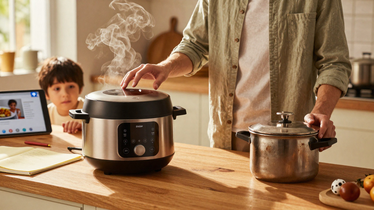 Adulto usando panela elétrica e panela comum na cozinha com criança observando ao fundo e tablet aberto.
