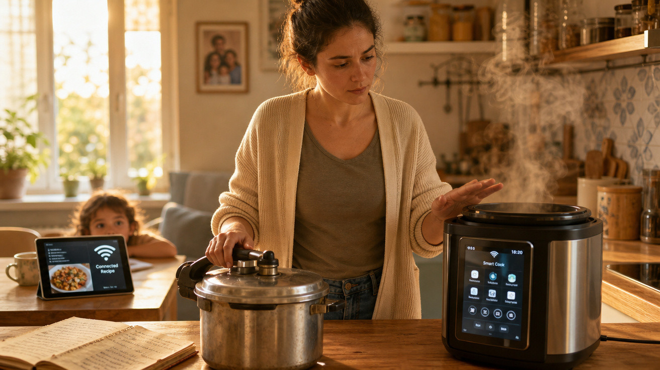 Mulher na cozinha usando panela elétrica moderna com tela digital enquanto uma criança observa ao fundo.