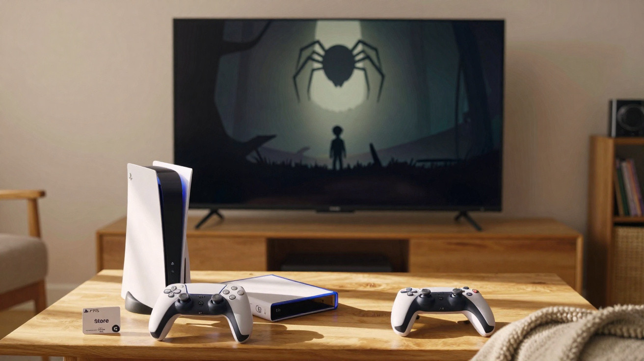 Console PlayStation 5, dois controles e jogo na TV em mesa de madeira em sala aconchegante.