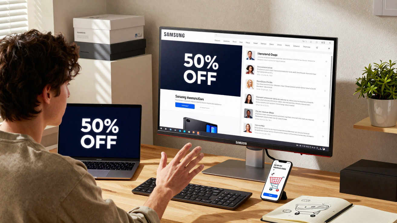 Pessoa sentada em mesa com computador, laptop e celular mostrando promoção de 50% de desconto Samsung.