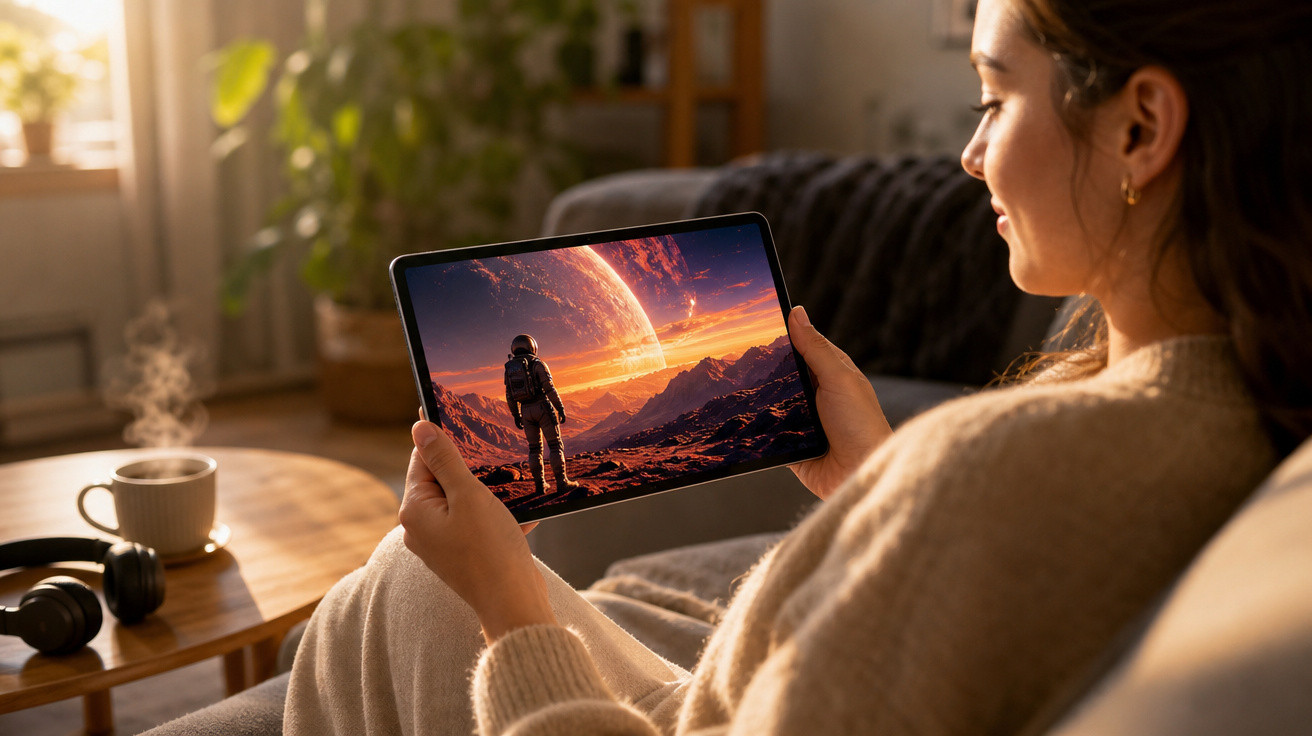 Mulher relaxando no sofá assistindo a vídeo de astronauta em planeta alienígena no tablet.