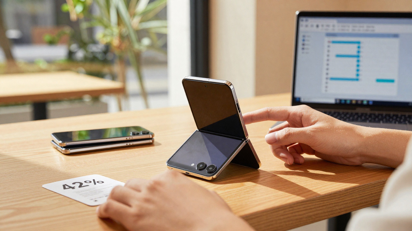 Pessoa interagindo com celular dobrável aberto sobre mesa de madeira em ambiente iluminado, com laptop ao fundo.