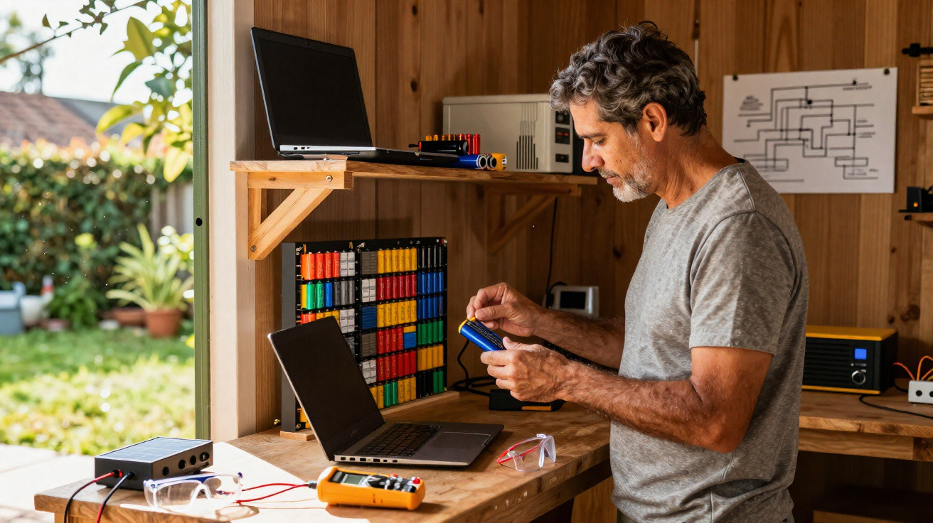 Homem em oficina com bancada de madeira manuseando componente eletrônico ao lado de laptop aberto.