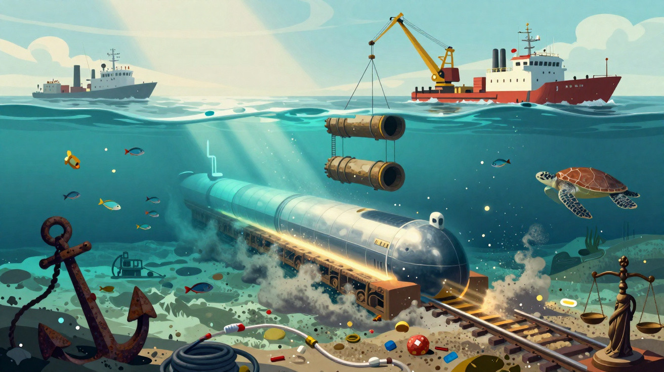 Navios na superfície enquanto um trem submarino passa por trilhos no fundo do mar com peixes e objetos submersos.