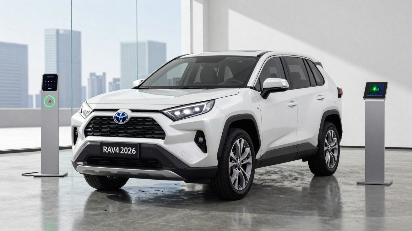SUV Toyota RAV4 2026 branco estacionado em ambiente interno com estação de carregamento elétrico.
