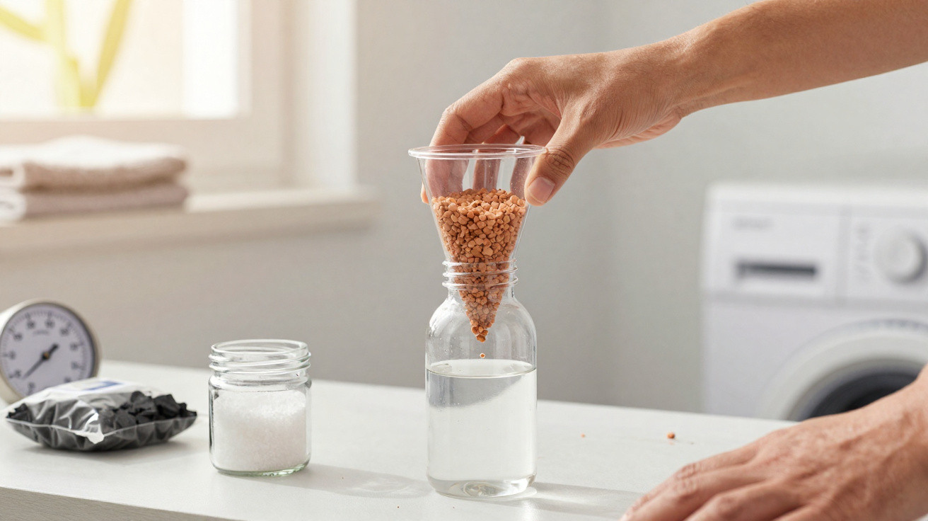 Pessoa usando um funil para colocar bolinhas laranjas em um frasco com líquido sobre mesa branca.
