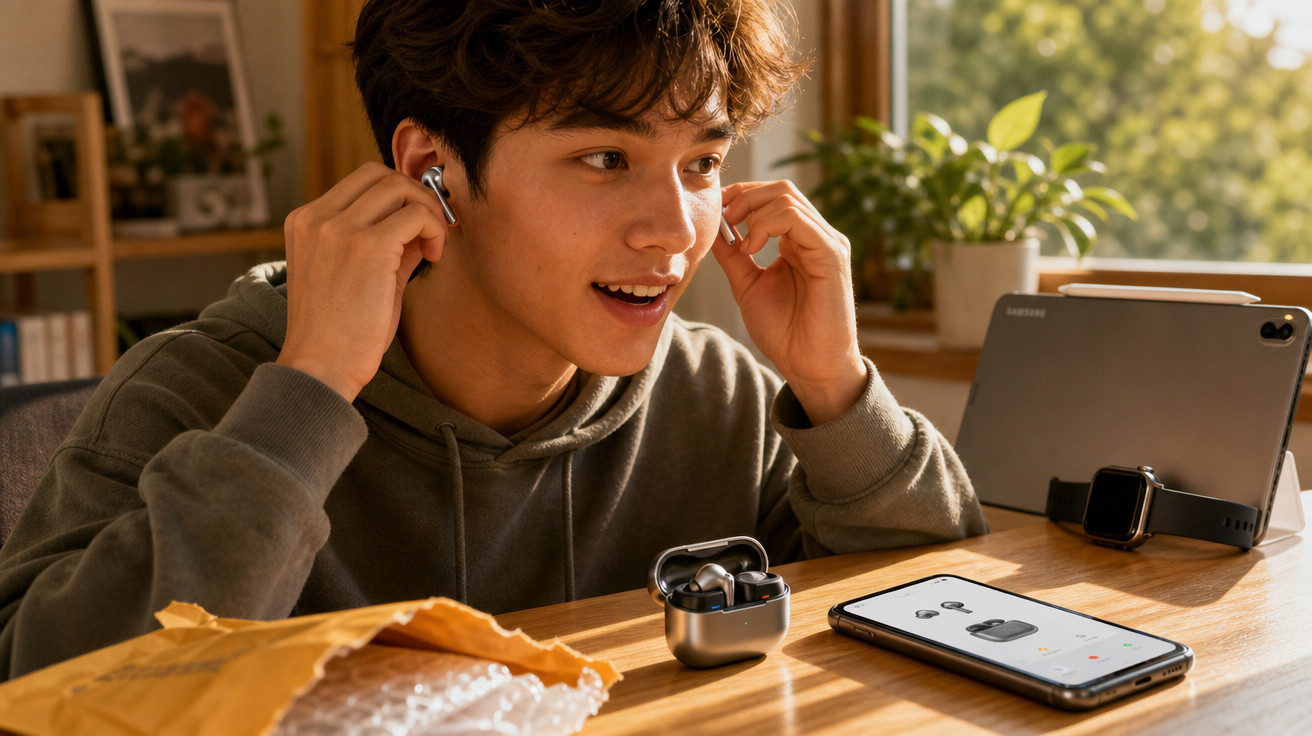 Jovem sentado à mesa ajustando fone de ouvido sem fio com smartphone e tablet à sua frente em ambiente iluminado.