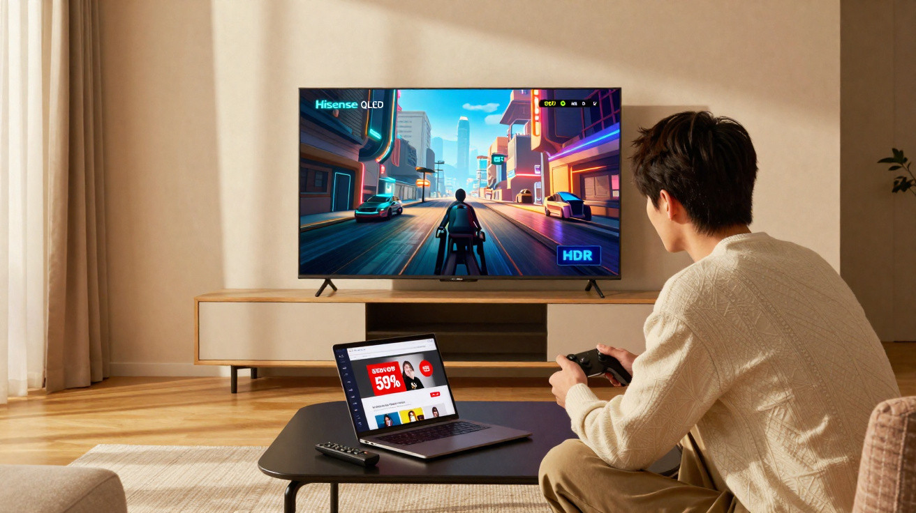 Pessoa jogando videogame em sala com TV Hisense QLED e notebook sobre mesa preta.