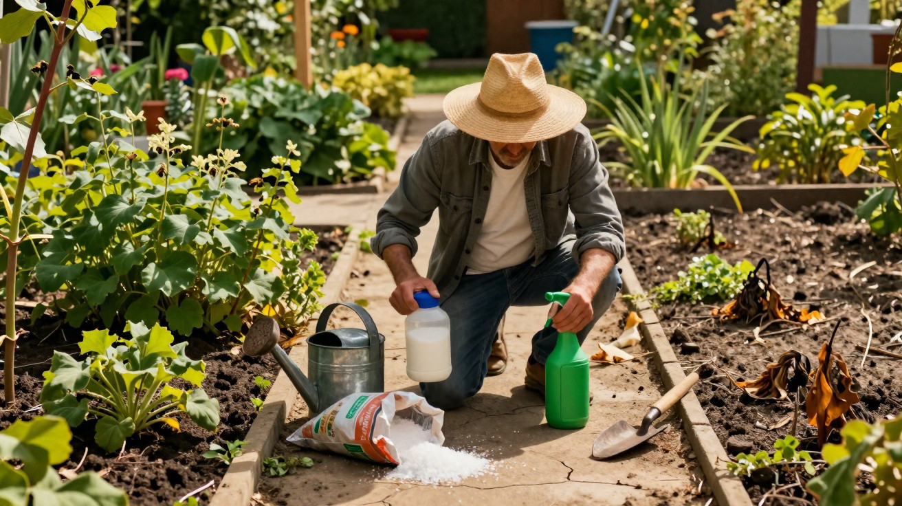 Homem com chapéu regando plantas em jardim cultivado em canteiros elevados.