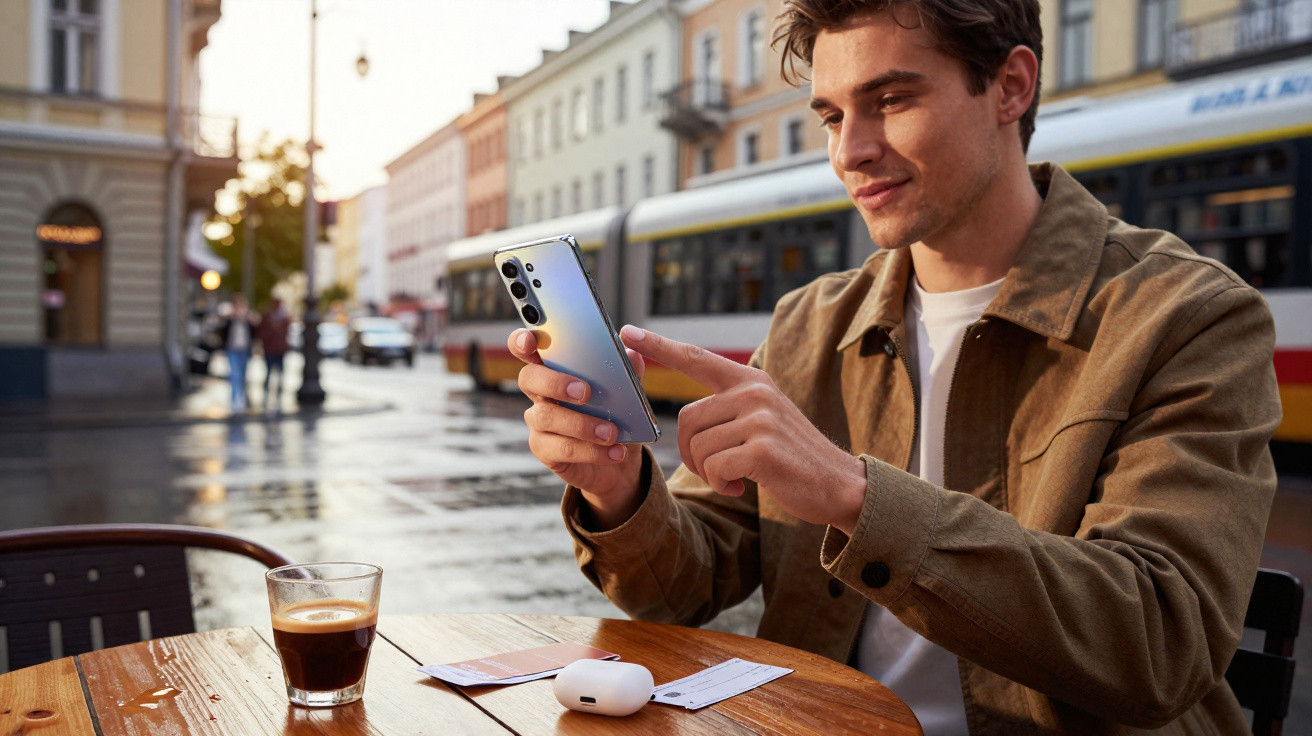 Homem usando casaco marrom sentado em café ao ar livre, mexendo no celular com copo de café e fones na mesa.