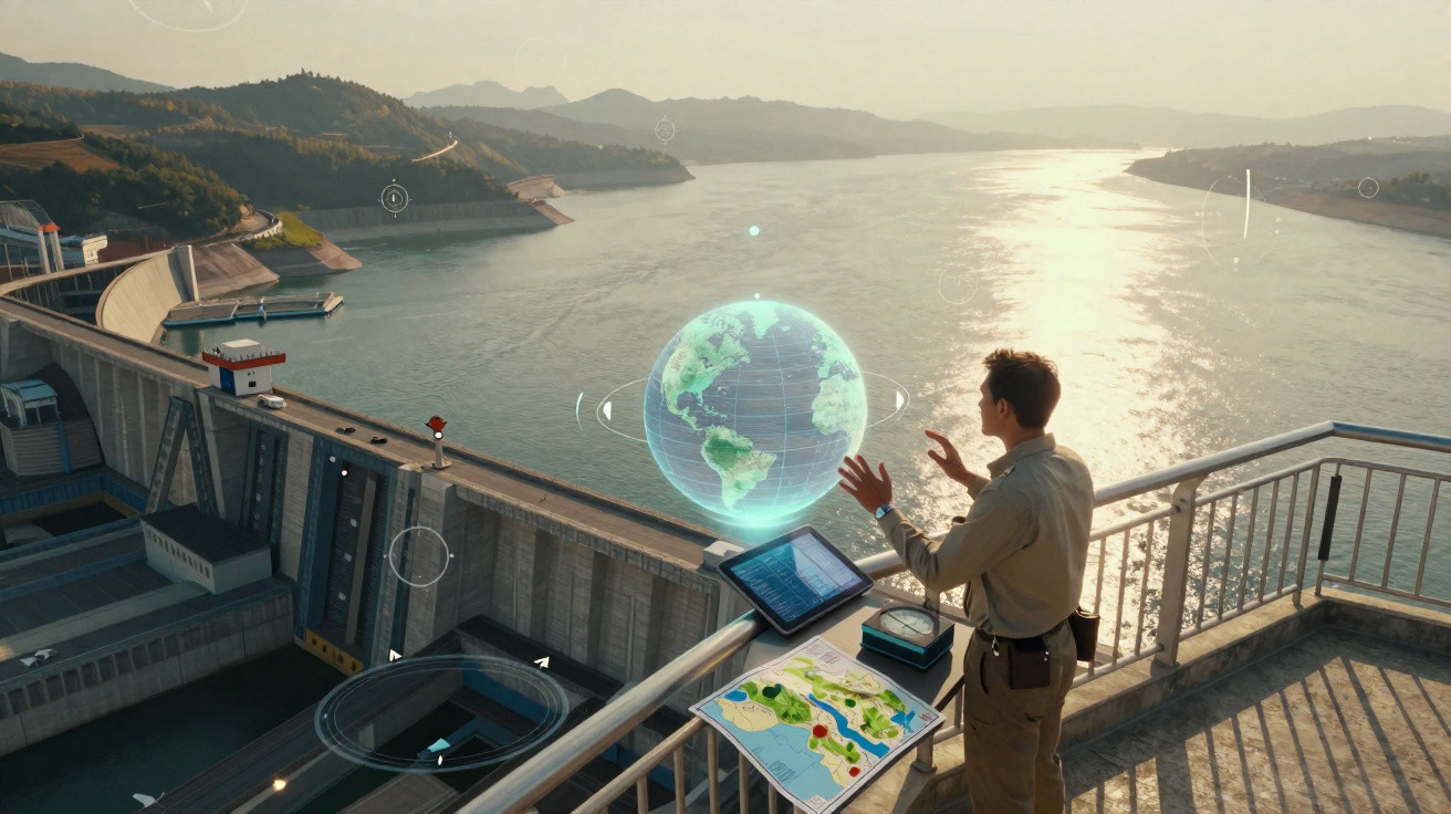 Homem observa holograma do planeta Terra em plataforma acima de represa com rio iluminado pelo sol.