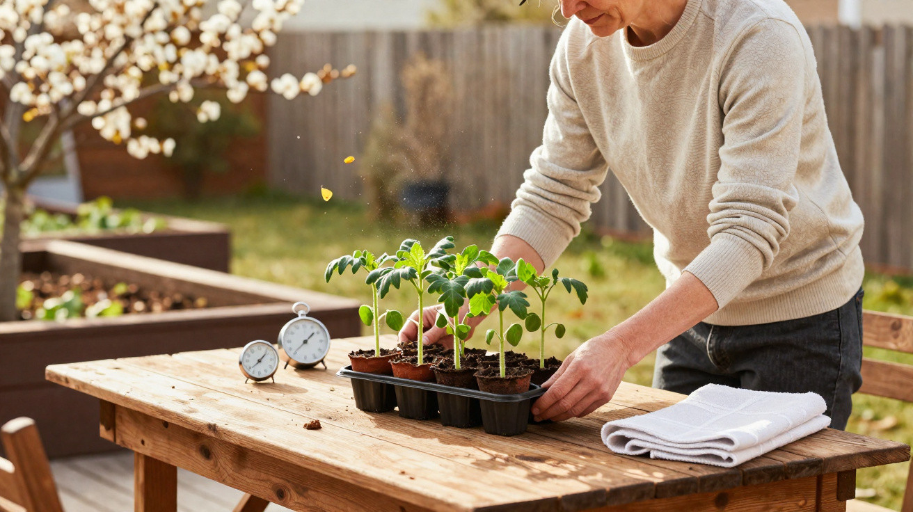 Pessoa cuidando de mudas de plantas em bandeja sobre mesa de madeira em jardim ensolarado.