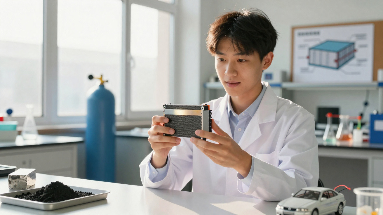 Jovem cientista com jaleco branco analisando dispositivo eletrônico em laboratório iluminado.