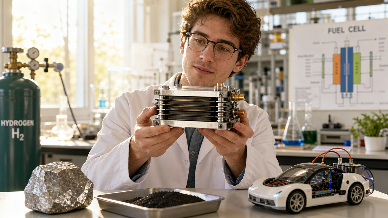 Cientista em laboratório segurando célula de combustível, com tanque de hidrogênio e carro elétrico modelinho na mesa.