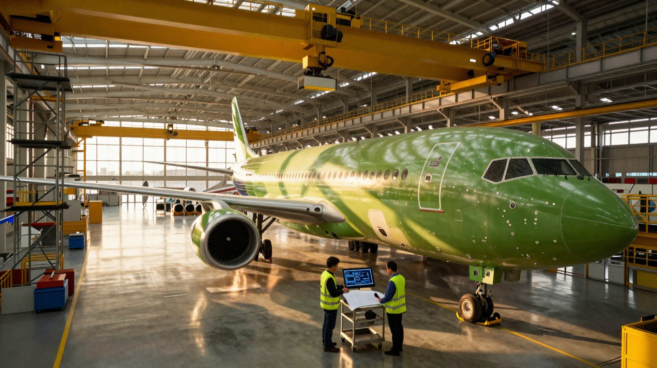 Avião comercial verde em fase de montagem em hangar com dois técnicos analisando dados ao lado.