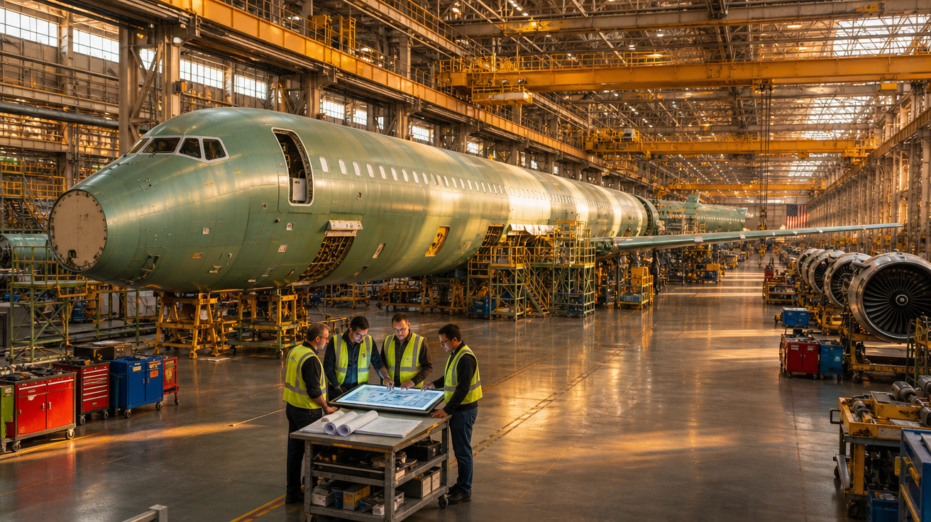 Fábrica com quatro trabalhadores em coletes refletivos ao redor de planta, próximo a fuselagem de avião em montagem.