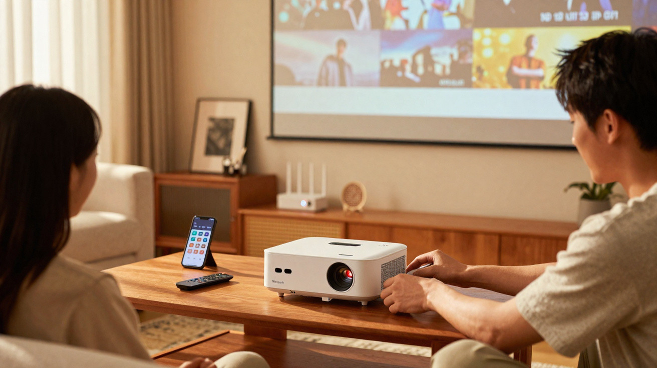 Casal assistindo filme em casa com projetor branco sobre mesa de madeira na sala.