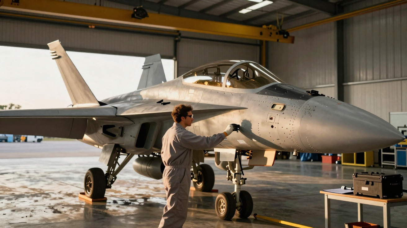 Técnico inspeciona jato militar cinza em hangar de aeródromo durante o dia.