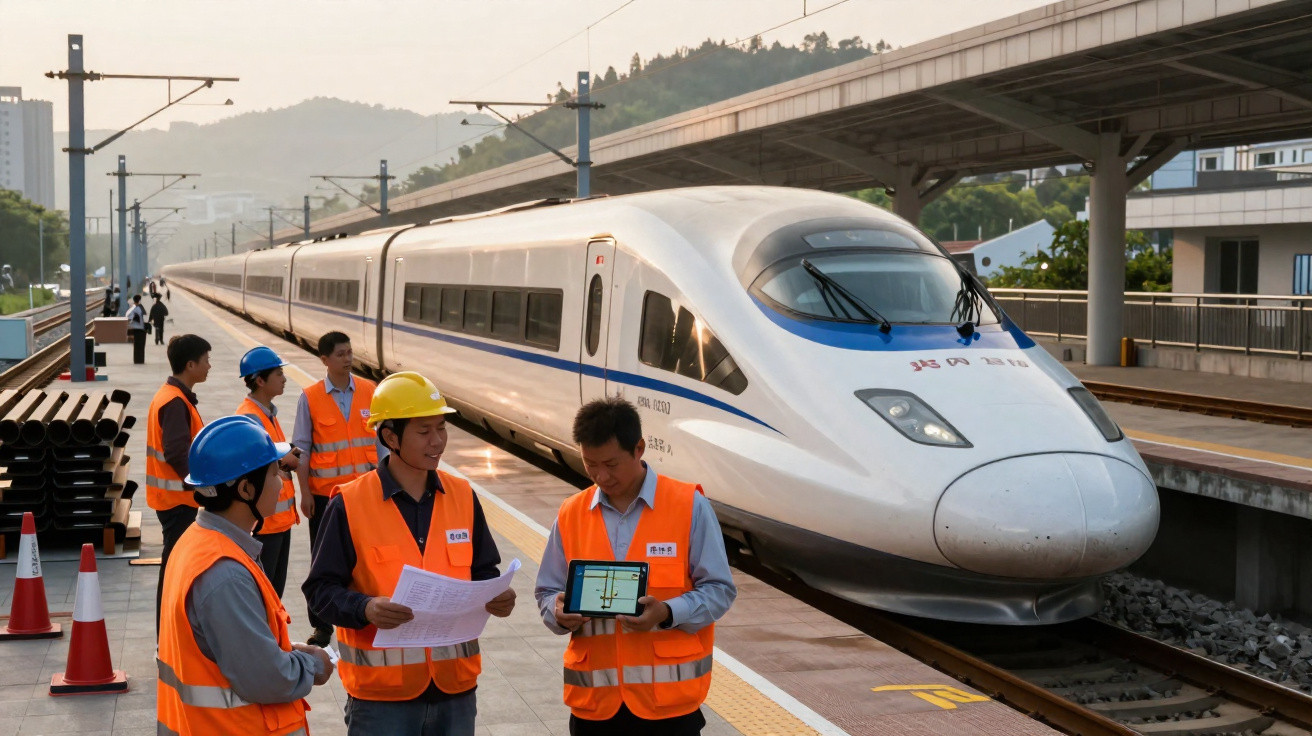 Engenheiros com coletes laranja e capacetes azuis e amarelos inspecionam trem-bala branco na estação ferroviária.
