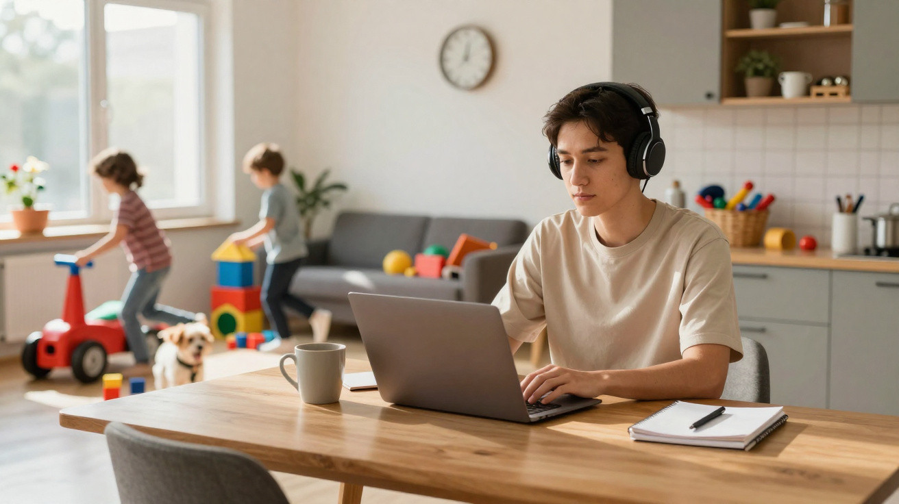 Jovem com fones de ouvido trabalhando no laptop à mesa enquanto crianças brincam ao fundo.
