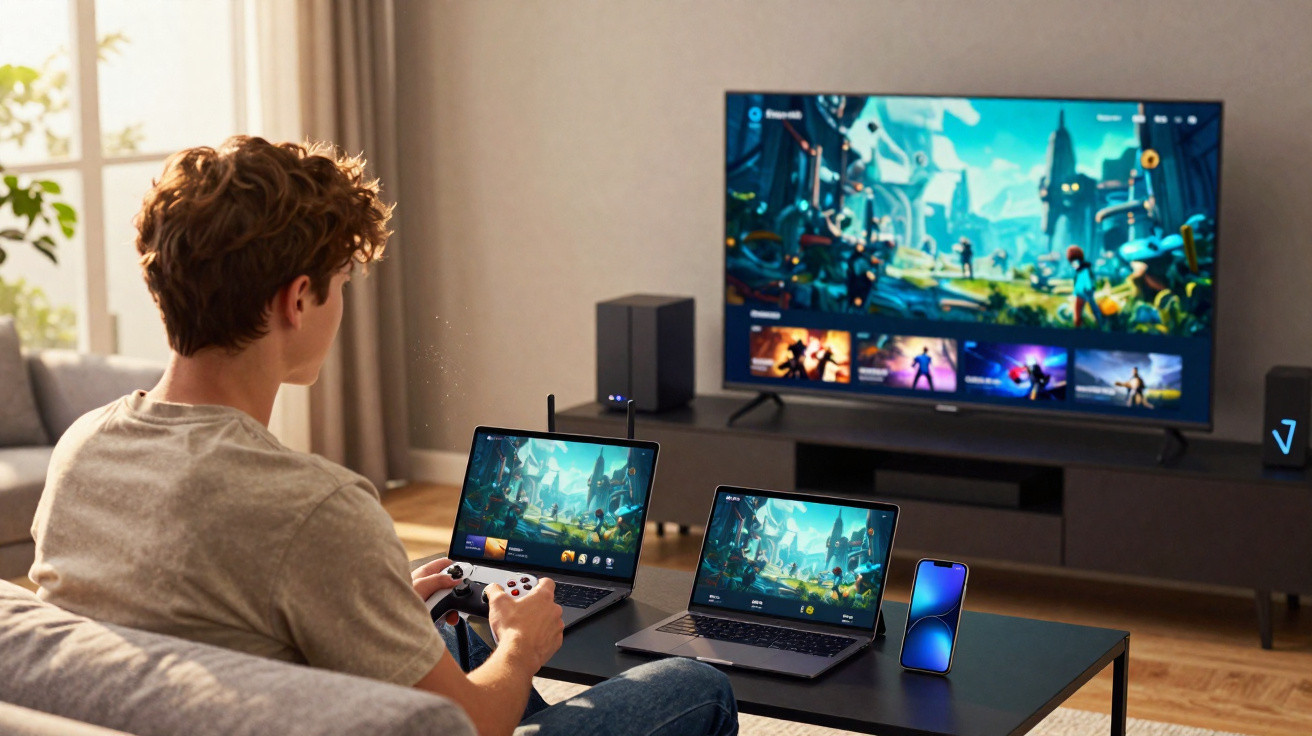 Jovem jogando videogame em laptop conectado a TV, com celular e outro laptop sobre a mesa na sala.