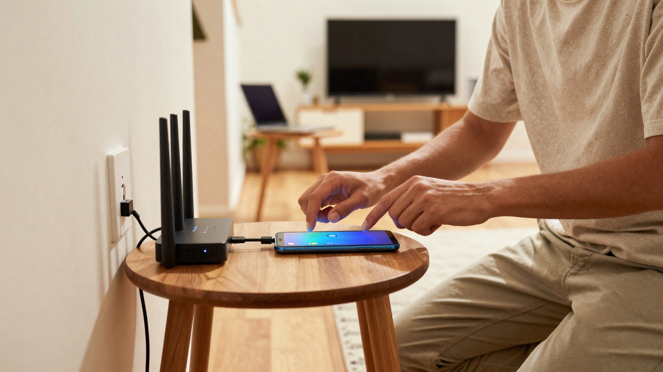 Pessoa usando smartphone sobre mesa redonda de madeira ao lado de roteador Wi-Fi em ambiente interno.