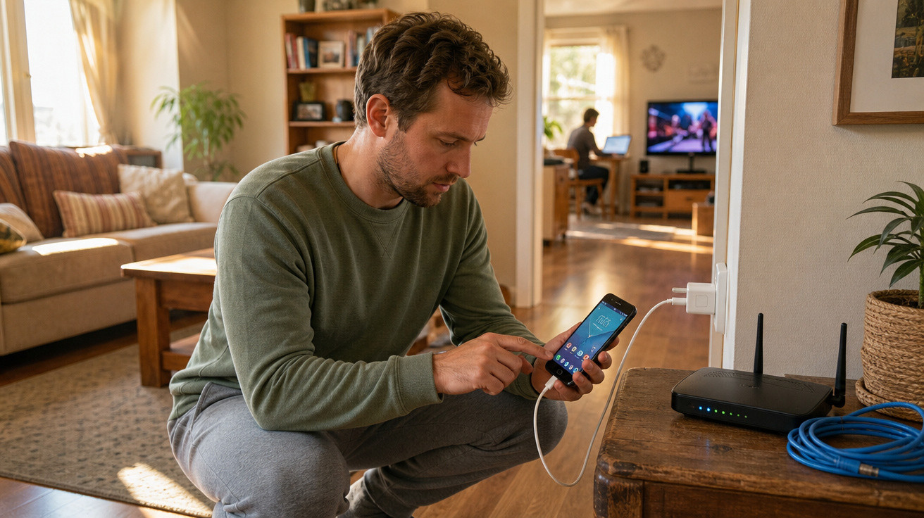 Homem ajusta configuração do celular conectado ao roteador Wi-Fi em sala de estar iluminada.