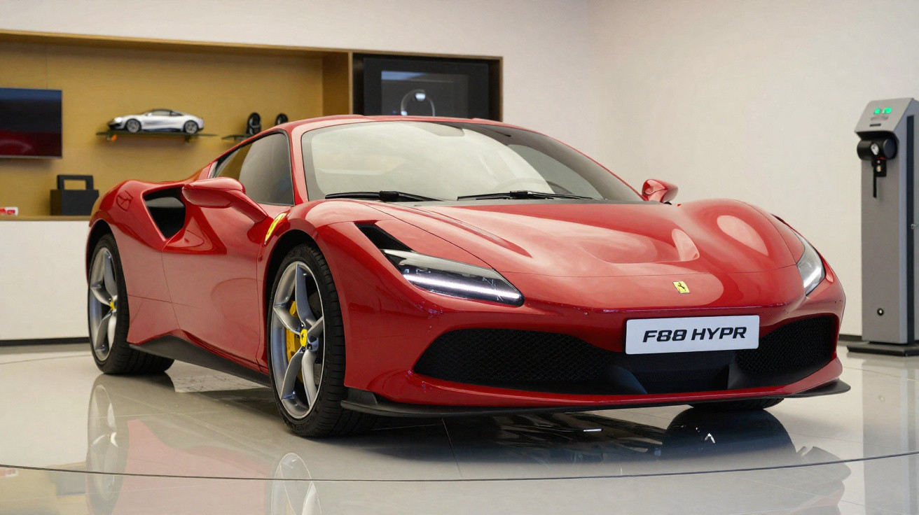 Carro esportivo vermelho Ferrari F8 HYPR exposto dentro de showroom moderno com piso refletivo.