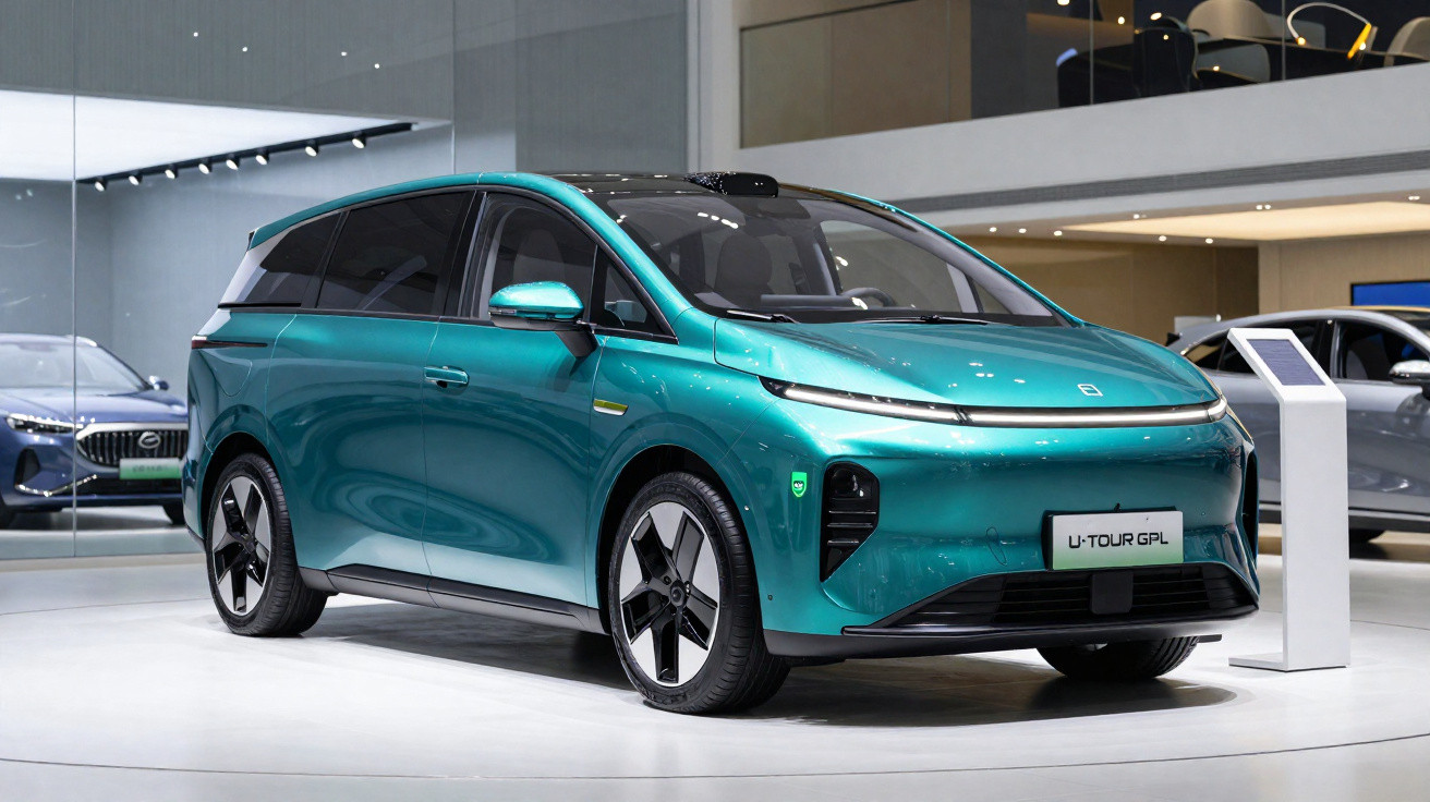 Carro elétrico azul metálico exposto em salão, modelo U-TOUR GPL com design moderno e aerodinâmico.
