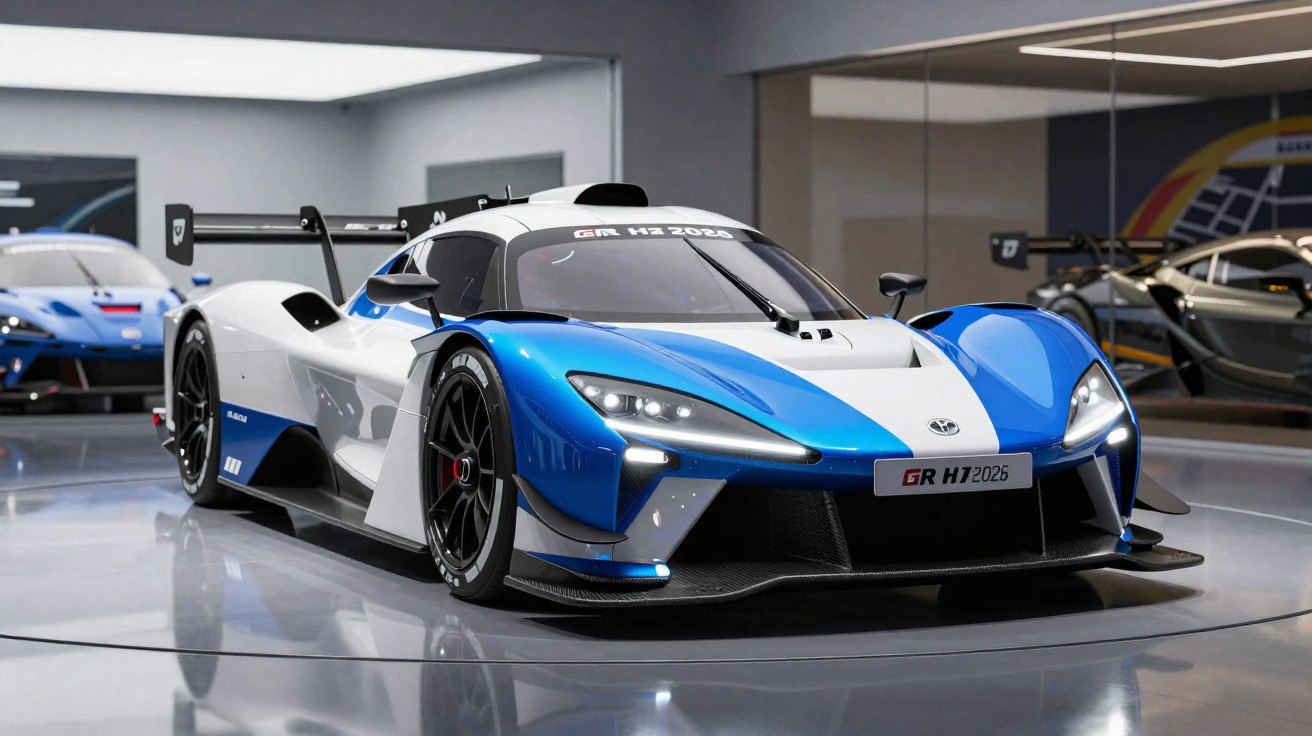 Carro esportivo de corrida azul e branco, modelo Toyota GR HT 2026, em exposição interna.