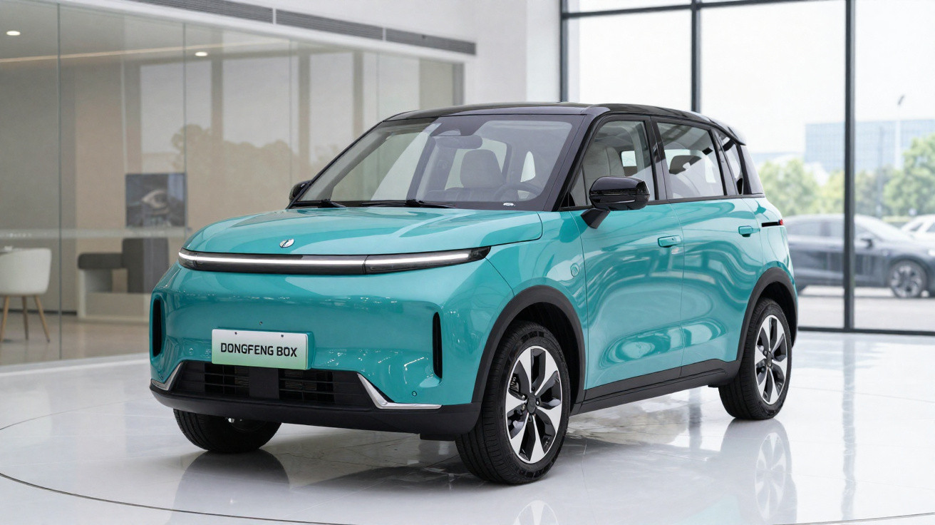 Carro elétrico compacto Dongfeng Box azul em exposição dentro de showroom moderno e iluminado.