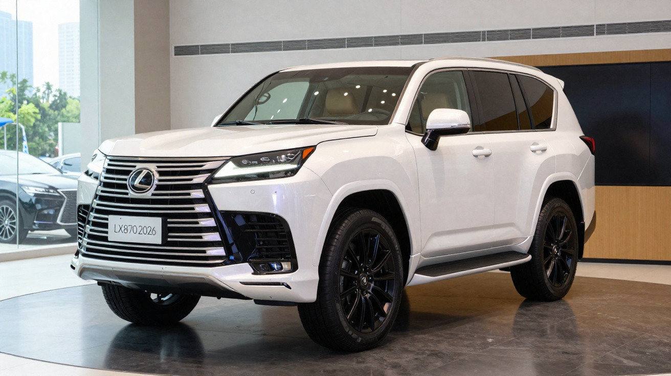 SUV branco Lexus LX 870 2026 exposto em showroom moderno com rodas pretas e design robusto.