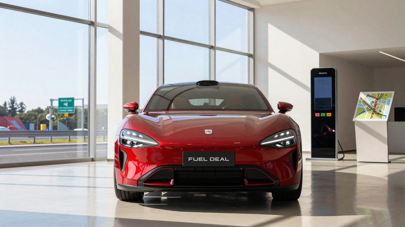 Carro elétrico vermelho modelo Fuel Deal em exposição dentro de showroom moderno com paredes de vidro.