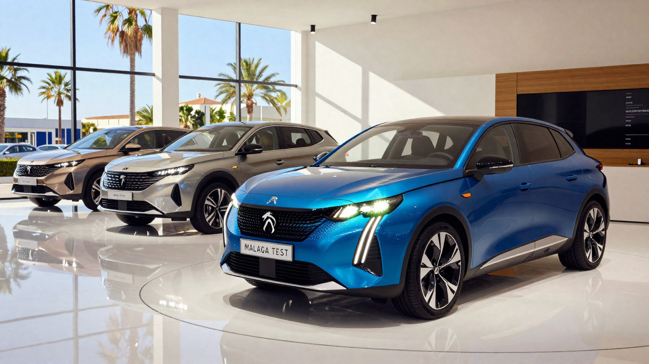 Três carros elétricos modernos em exposição em uma sala ampla com janelas e luz natural.
