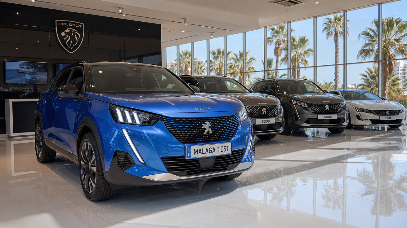 Showroom da Peugeot com quatro carros novos alinhados, destaque para SUV azul em primeiro plano.