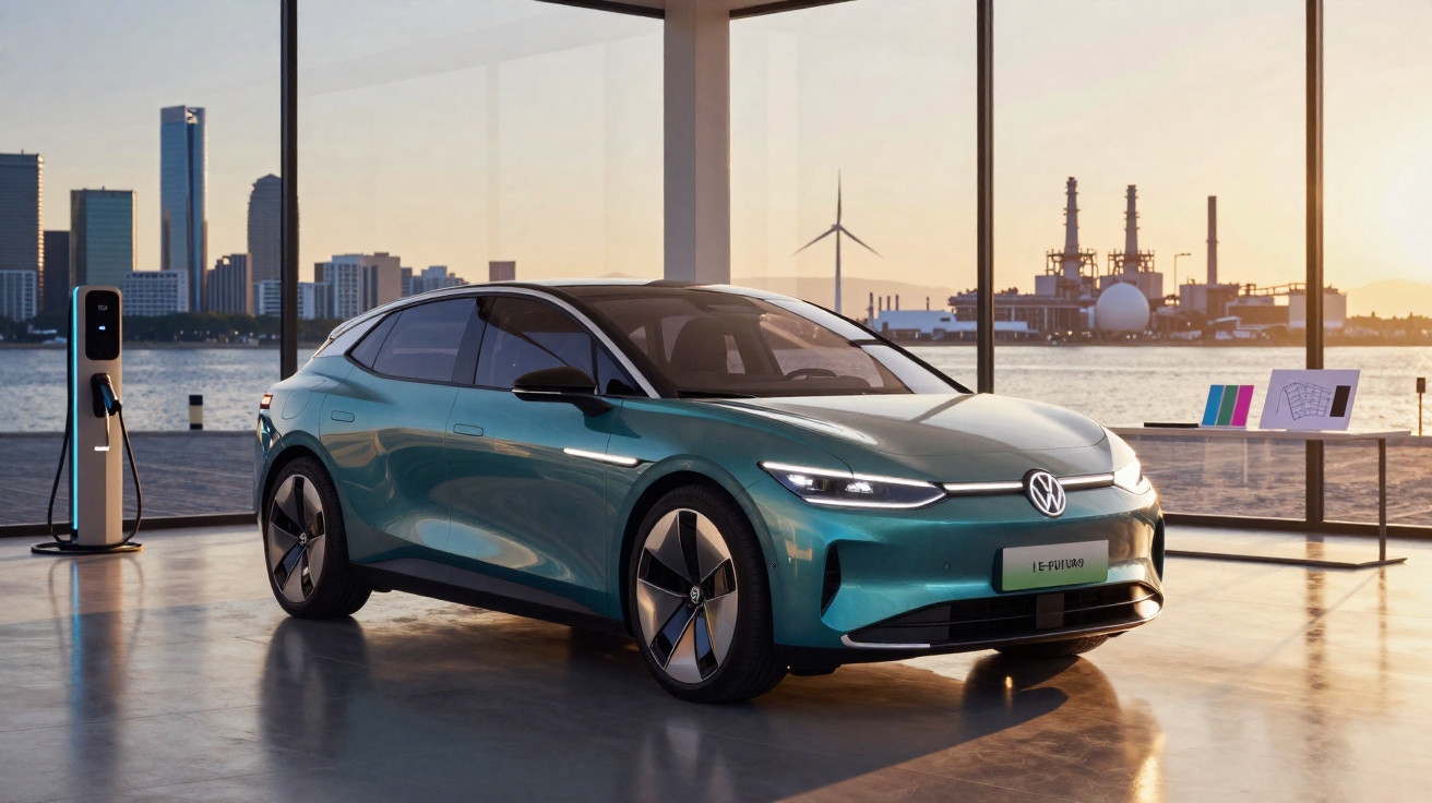 Carro elétrico Volkswagen ID. Aero azul em showroom com vista para cidade e turbina eólica ao fundo.
